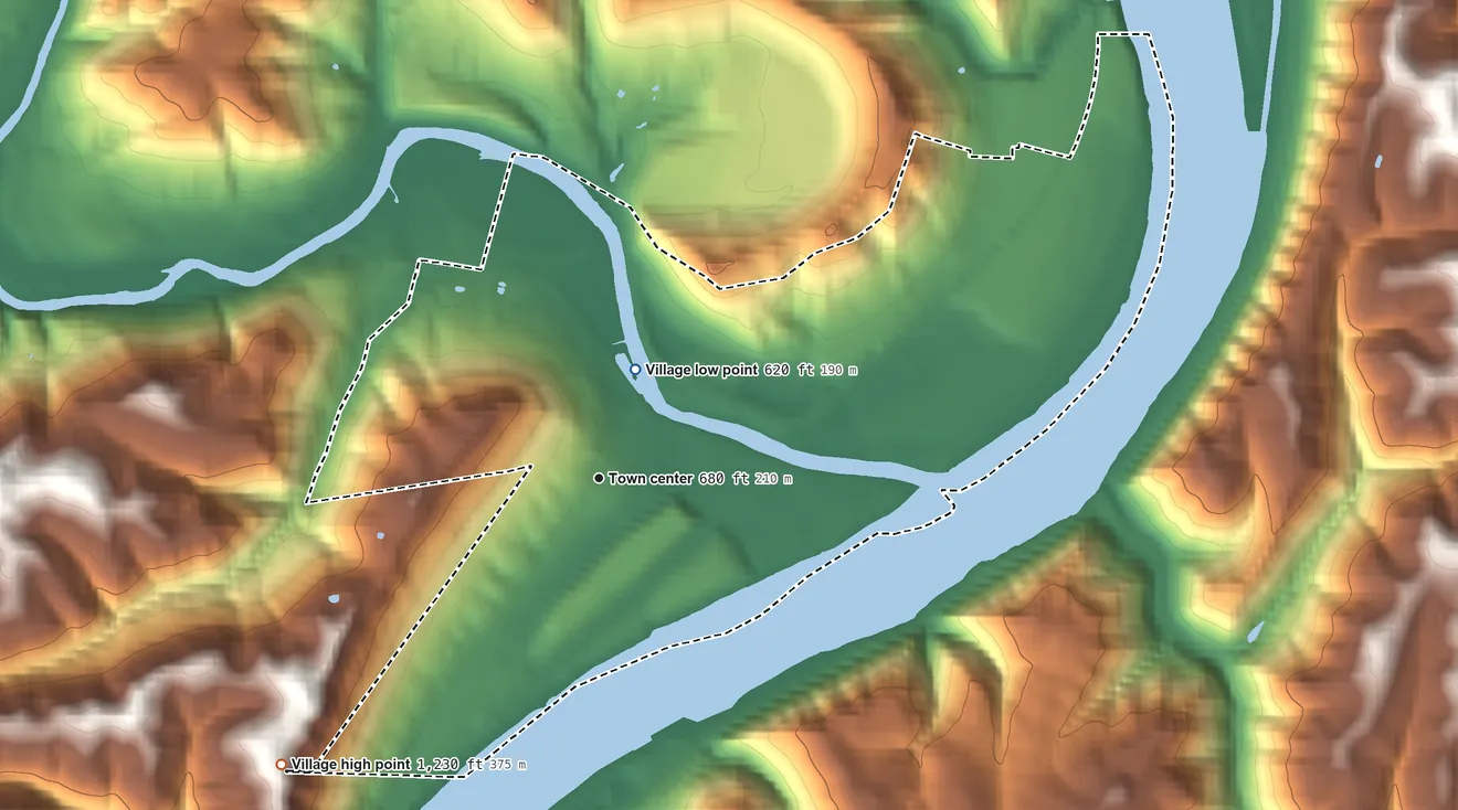 Topographic elevation map of Powhatan Point, Ohio, shaded from 620 ft near the middle to 1,230 ft on the southwest side