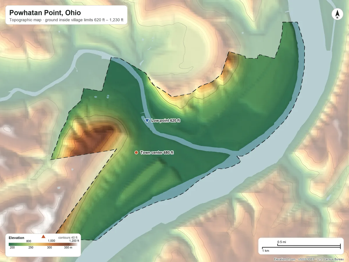 Topographic elevation map of Powhatan Point, Ohio, shaded from 620 ft near the middle to 1,230 ft on the southwest side