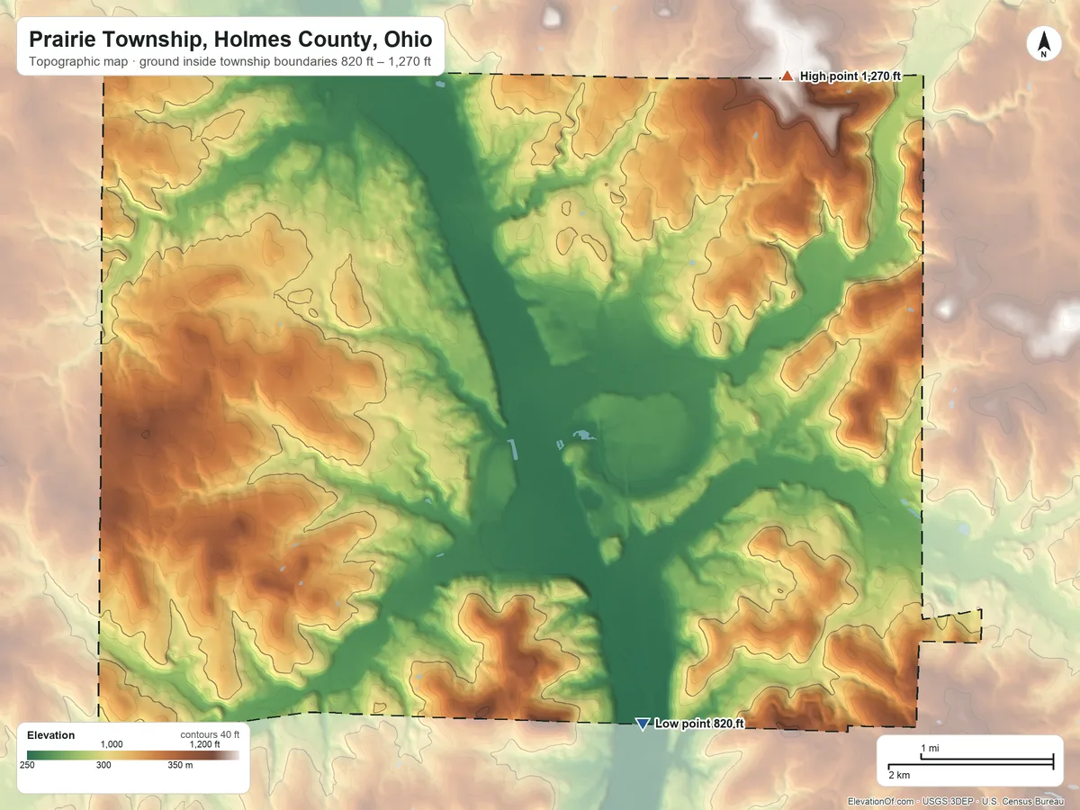 Topographic elevation map of Prairie Township, Holmes County, Ohio, shaded from 820 ft on the south side to 1,270 ft on the northeast side