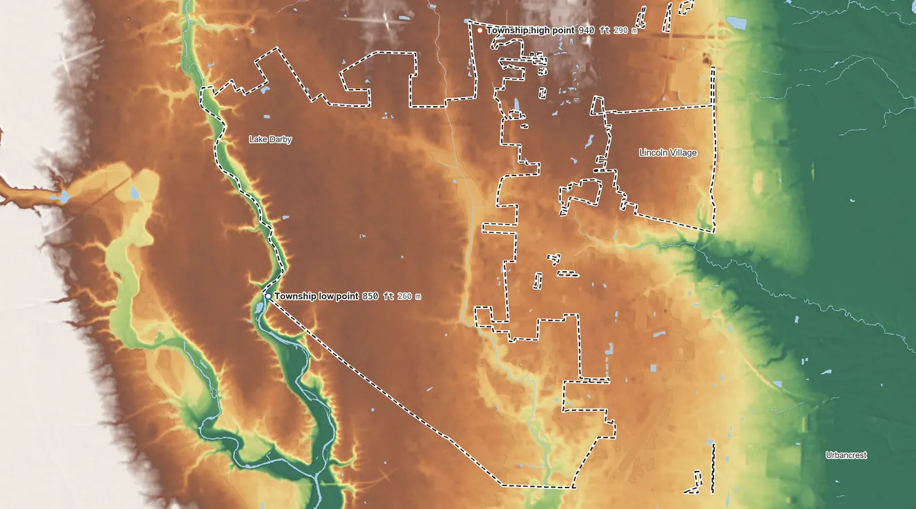 Topographic elevation map of Prairie Township, Ohio, shaded from 850 ft on the southwest side to 940 ft on the north side