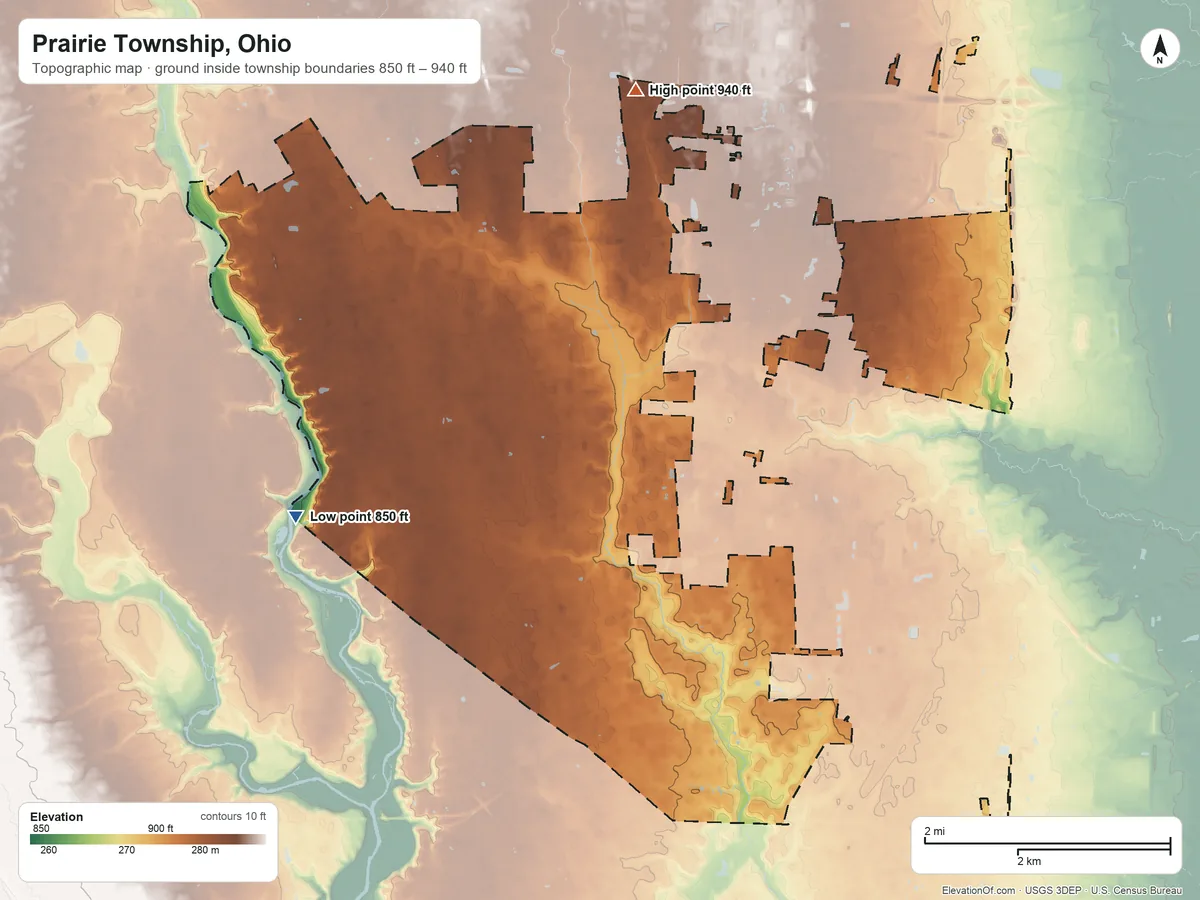 Topographic elevation map of Prairie Township, Ohio, shaded from 850 ft on the southwest side to 940 ft on the north side
