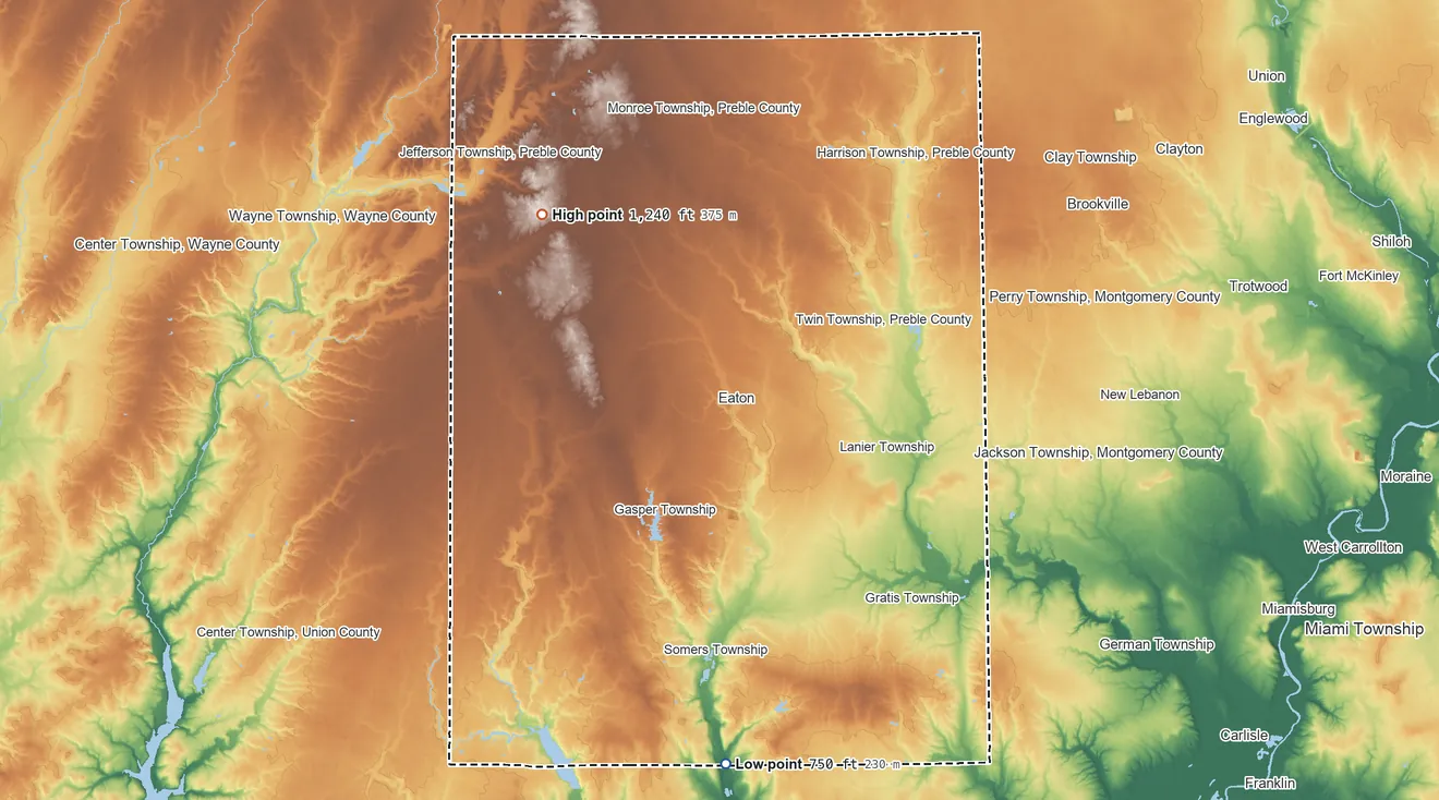 Topographic elevation map of Preble County, Ohio, shaded from 750 ft on the south side to 1,240 ft on the northwest side