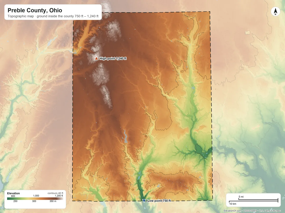 Topographic elevation map of Preble County, Ohio, shaded from 750 ft on the south side to 1,240 ft on the northwest side