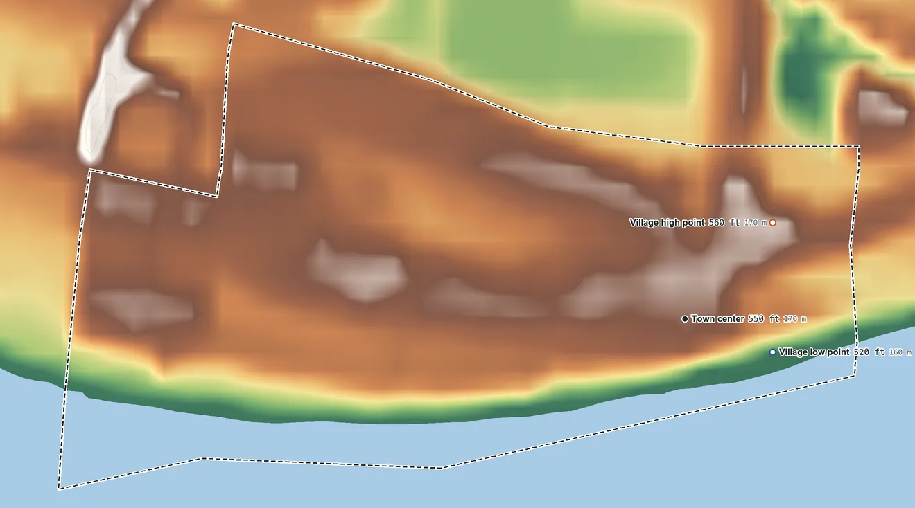 Topographic elevation map of Proctorville, Ohio, shaded from 520 ft on the east side to 560 ft on the northeast edge, below higher ground just outside