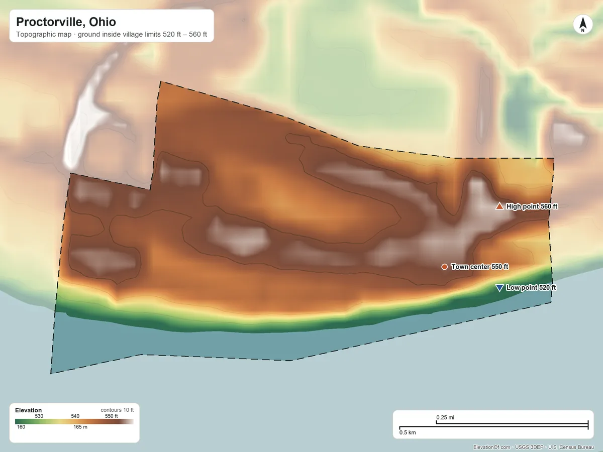 Topographic elevation map of Proctorville, Ohio, shaded from 520 ft on the east side to 560 ft on the northeast edge, below higher ground just outside