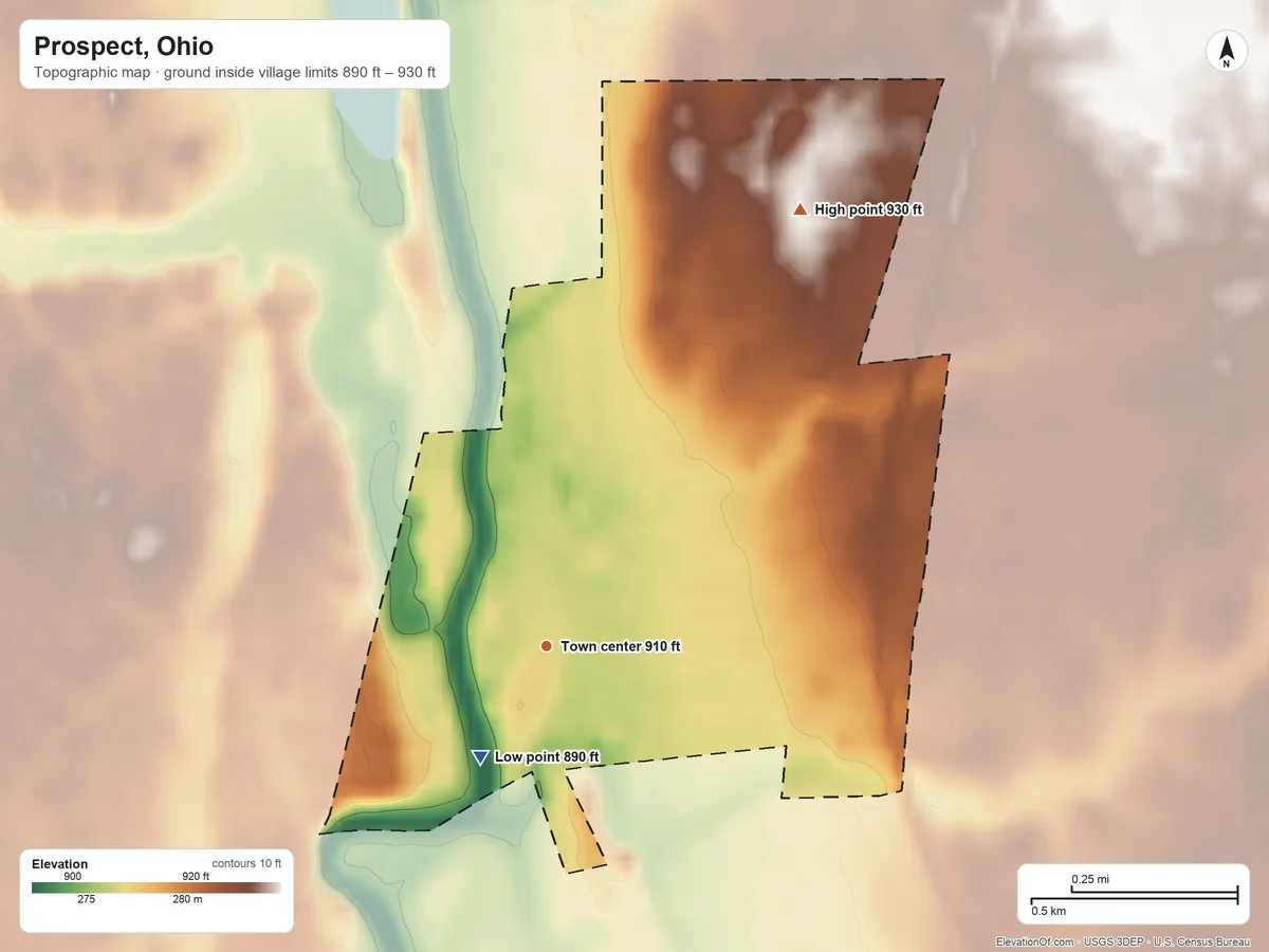 Topographic elevation map of Prospect, Ohio, shaded from 890 ft on the southwest side to 930 ft on the northeast side