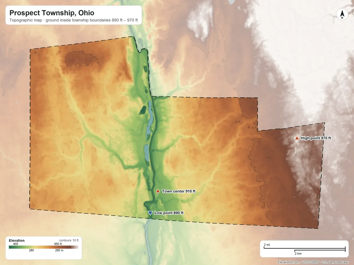 Topographic elevation map of Prospect Township, Ohio, shaded from 890 ft near the middle to 970 ft on the east side