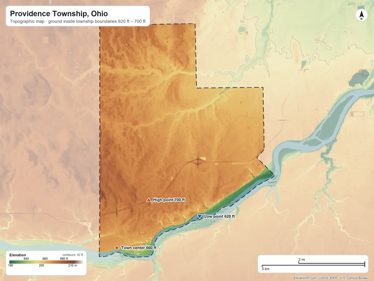 Topographic elevation map of Providence Township, Ohio, shaded from 620 ft on the east side to 700 ft on the northeast side