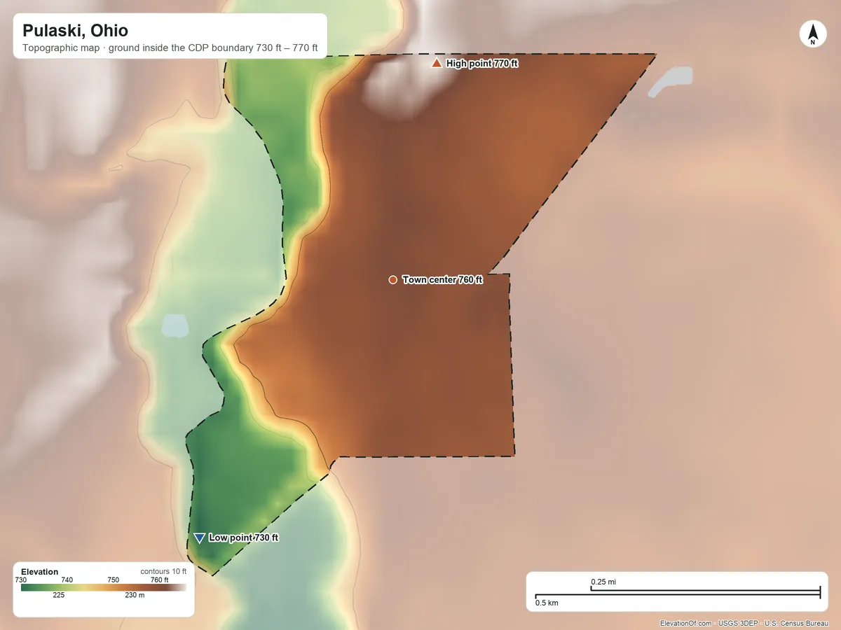 Topographic elevation map of Pulaski, Ohio, shaded from 730 ft on the southwest side to 770 ft on the north side