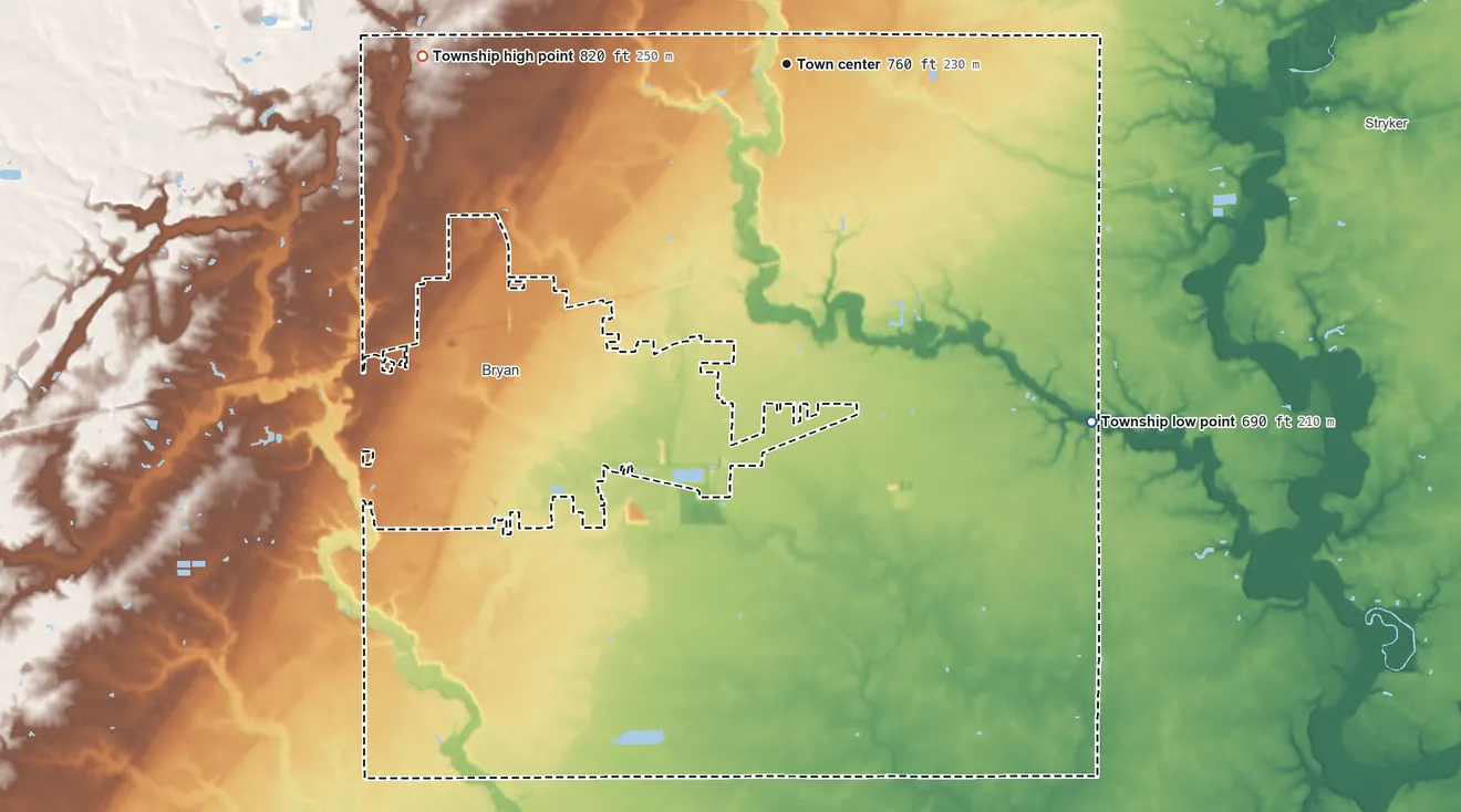 Topographic elevation map of Pulaski Township, Ohio, shaded from 690 ft on the southeast side to 820 ft on the west side