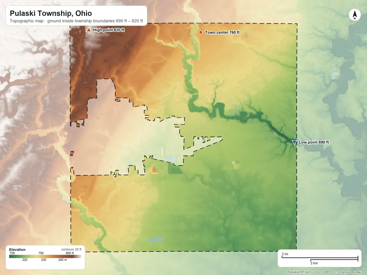 Topographic elevation map of Pulaski Township, Ohio, shaded from 690 ft on the southeast side to 820 ft on the west side