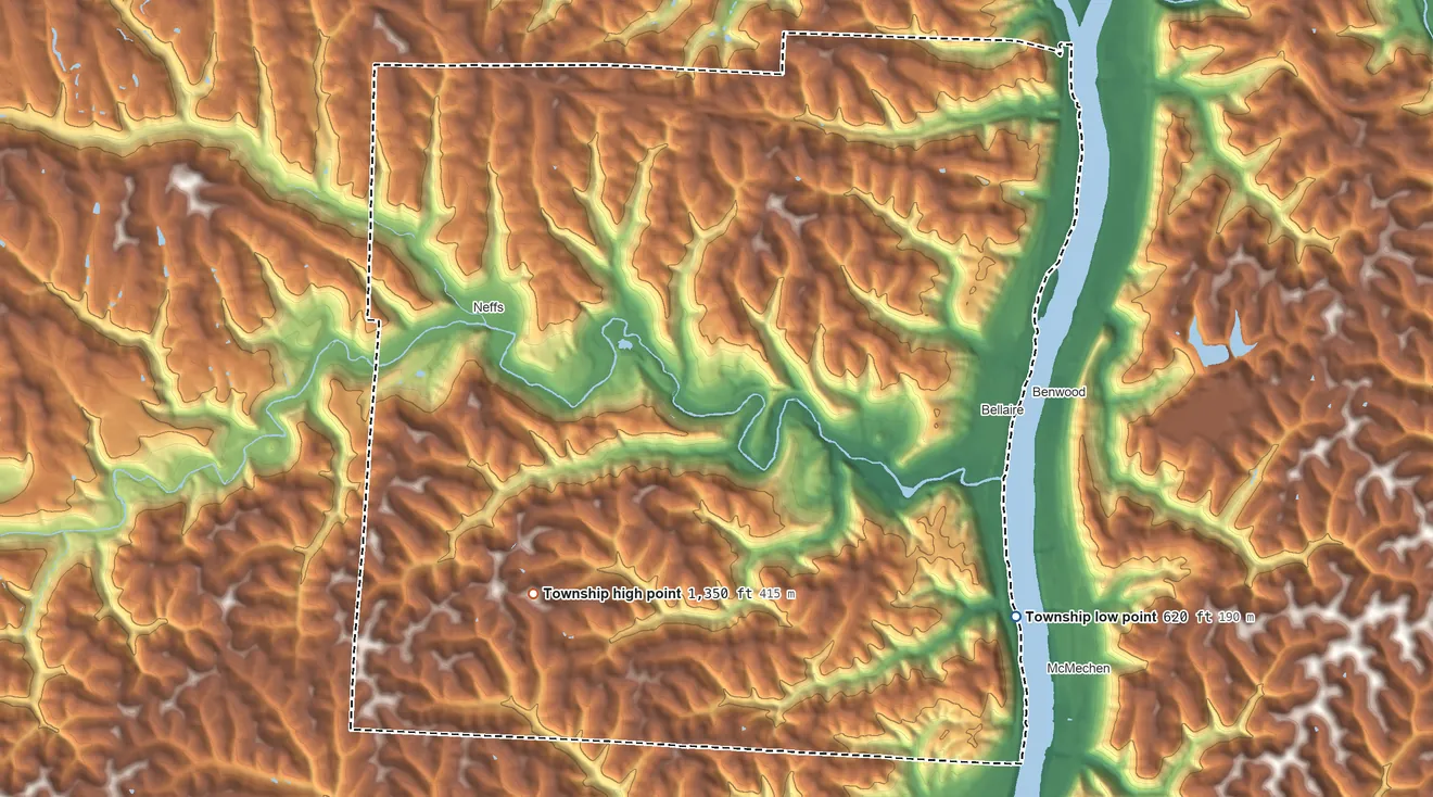 Topographic elevation map of Pultney Township, Ohio, shaded from 620 ft on the southeast side to 1,350 ft on the southwest side