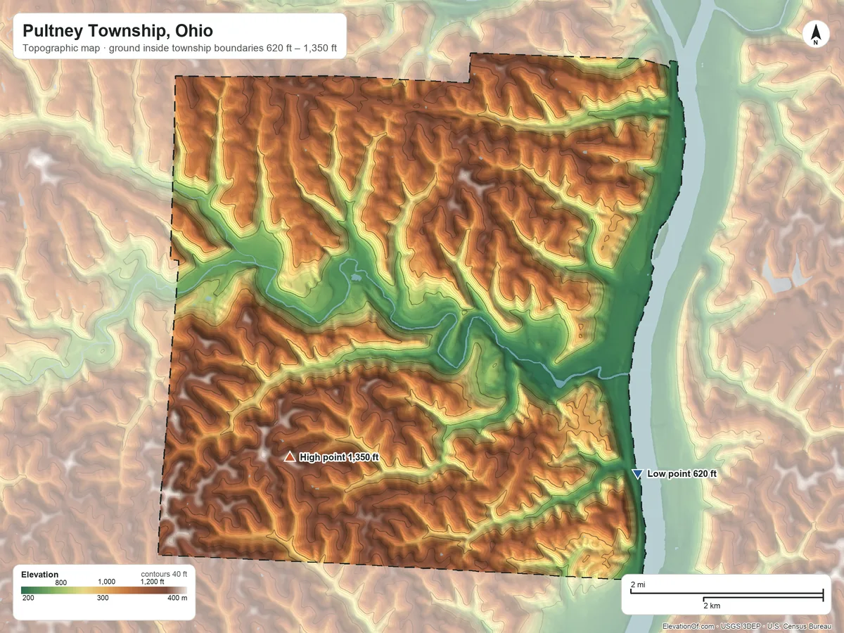 Topographic elevation map of Pultney Township, Ohio, shaded from 620 ft on the southeast side to 1,350 ft on the southwest side