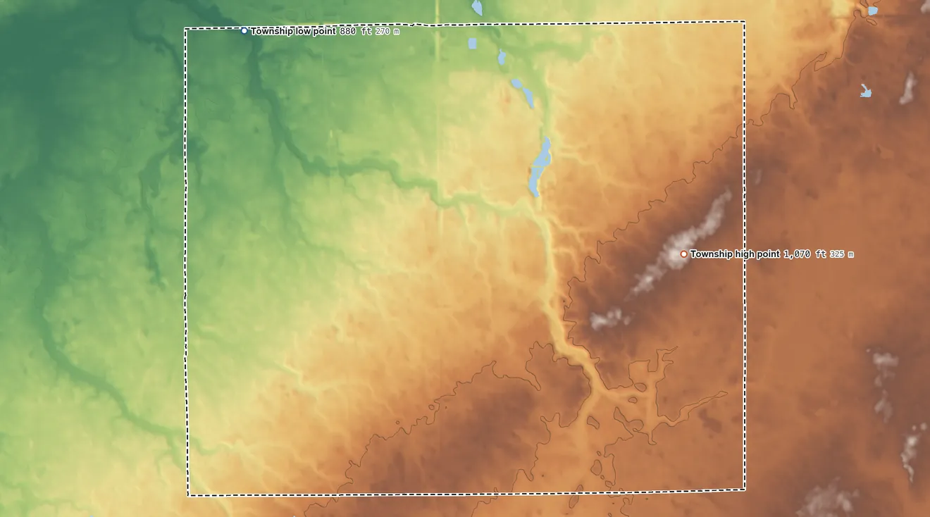 Topographic elevation map of Pusheta Township, Ohio, shaded from 880 ft on the northwest side to 1,070 ft on the east side