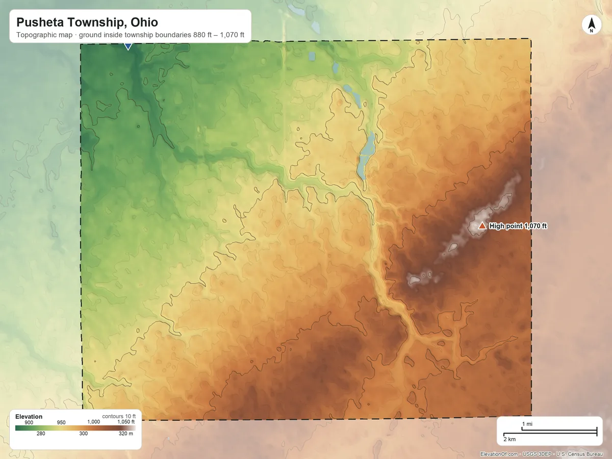 Topographic elevation map of Pusheta Township, Ohio, shaded from 880 ft on the northwest side to 1,070 ft on the east side