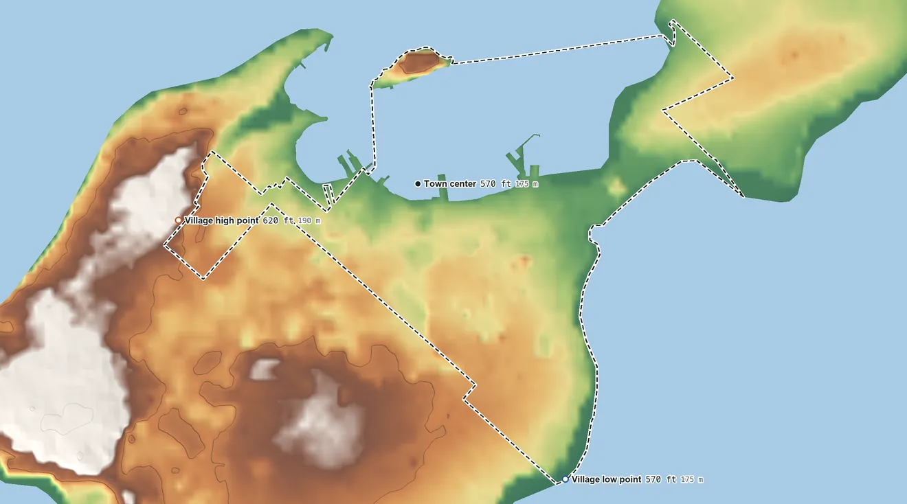 Topographic elevation map of Put-in-Bay, Ohio, shaded from 570 ft on the southeast side to 620 ft on the west side