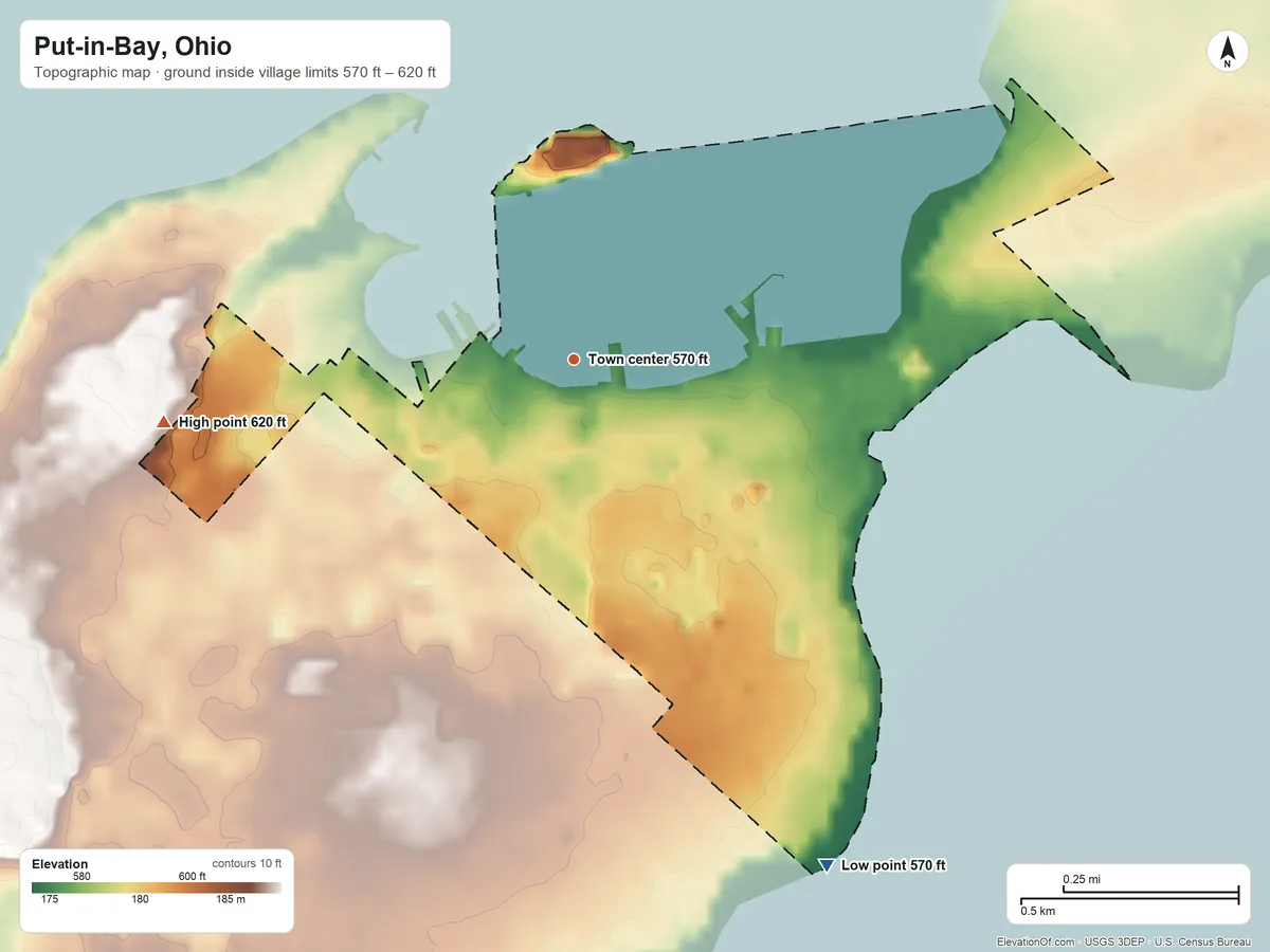 Topographic elevation map of Put-in-Bay, Ohio, shaded from 570 ft on the southeast side to 620 ft on the west side