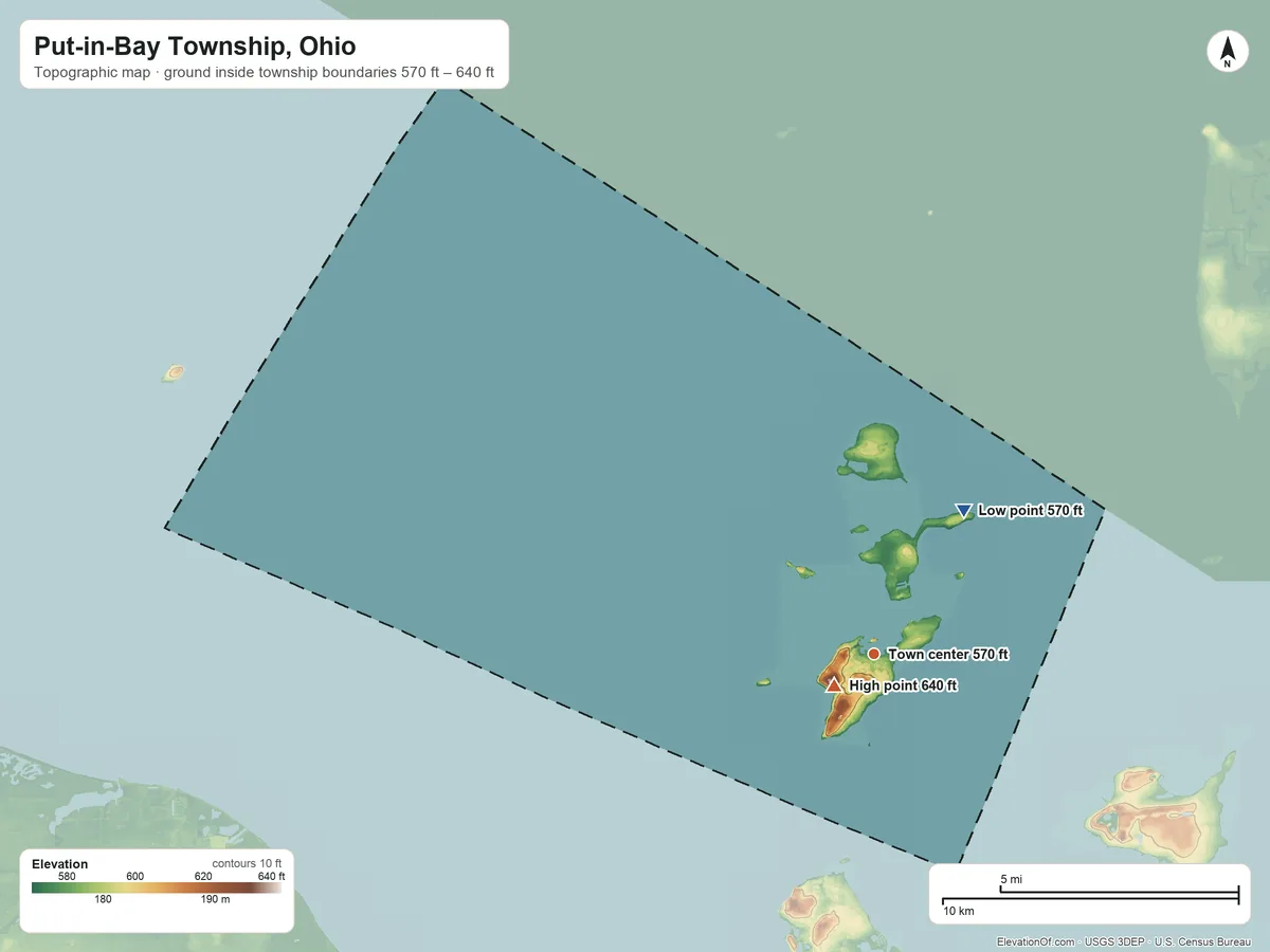 Topographic elevation map of Put-in-Bay Township, Ohio, shaded from 570 ft on the northeast side to 640 ft near the middle