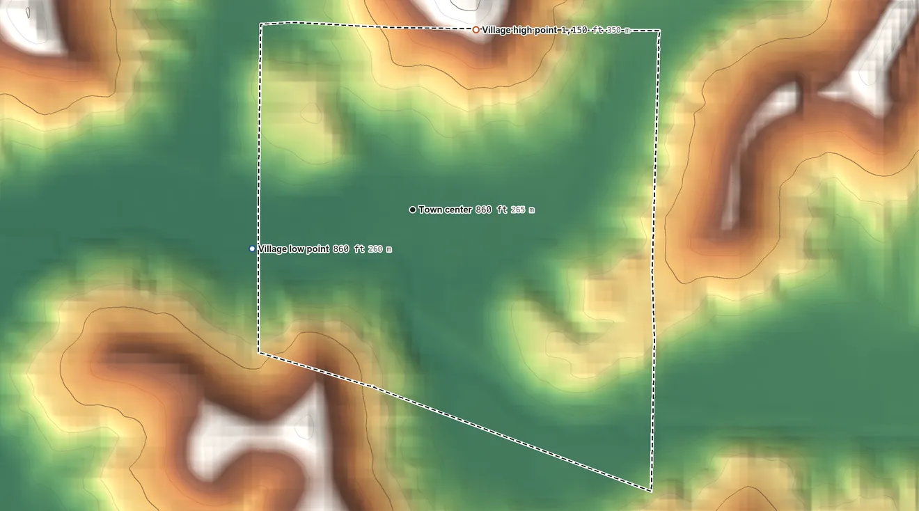 Topographic elevation map of Quaker City, Ohio, shaded from 860 ft on the west side to 1,150 ft on the north side