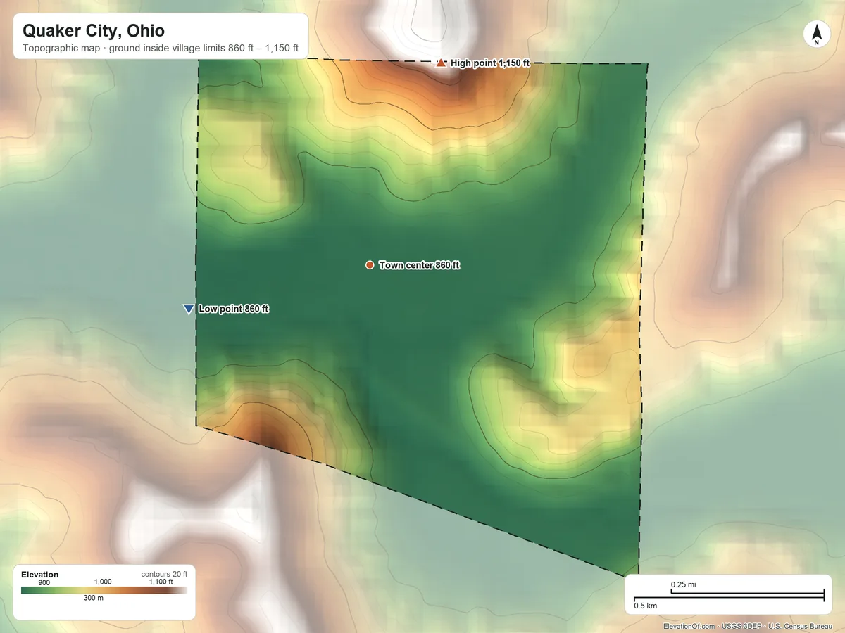 Topographic elevation map of Quaker City, Ohio, shaded from 860 ft on the west side to 1,150 ft on the north side