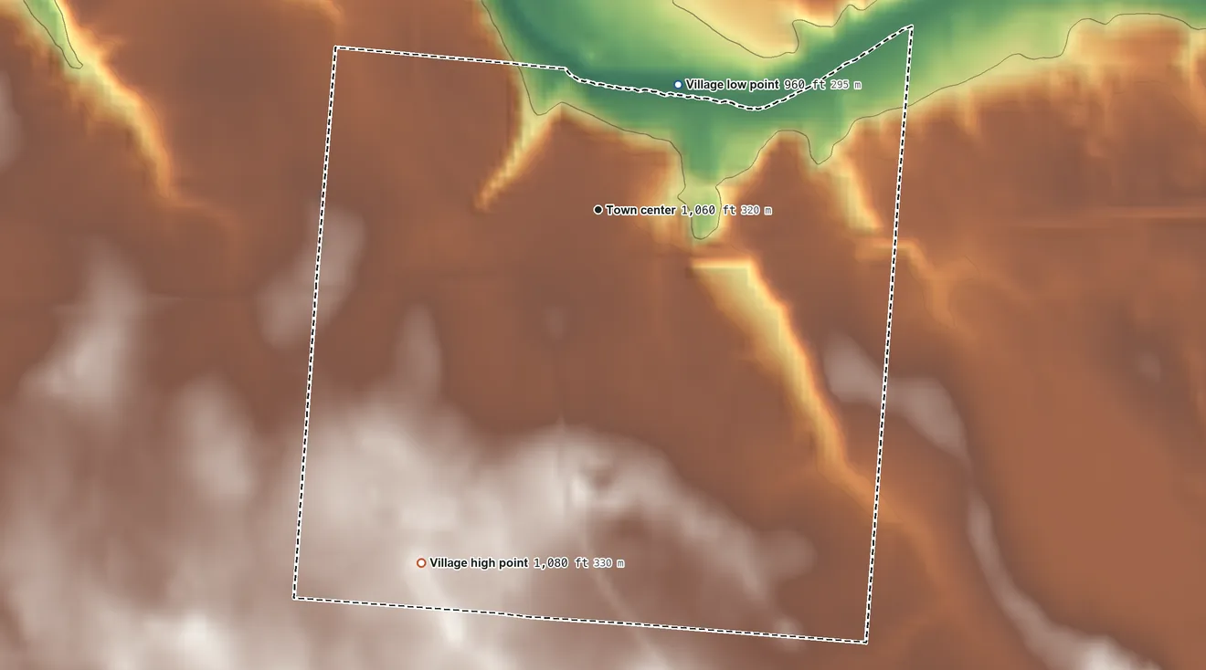 Topographic elevation map of Quincy, Ohio, shaded from 960 ft on the northeast side to 1,080 ft on the southwest side