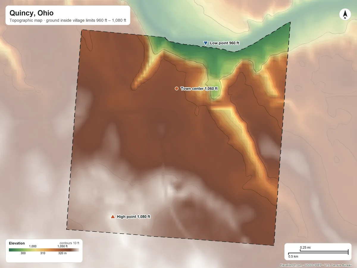 Topographic elevation map of Quincy, Ohio, shaded from 960 ft on the northeast side to 1,080 ft on the southwest side