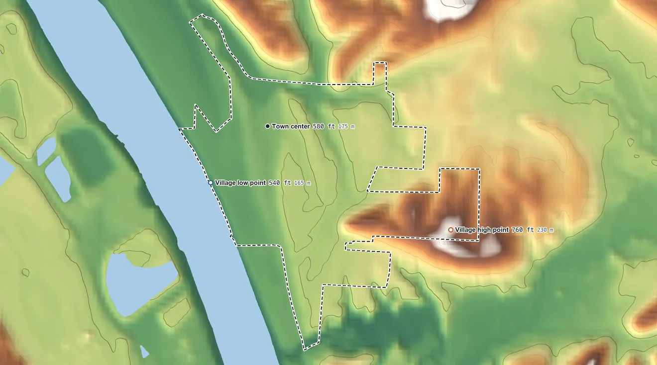 Topographic elevation map of Racine, Ohio, shaded from 540 ft on the southwest side to 760 ft on the southeast side
