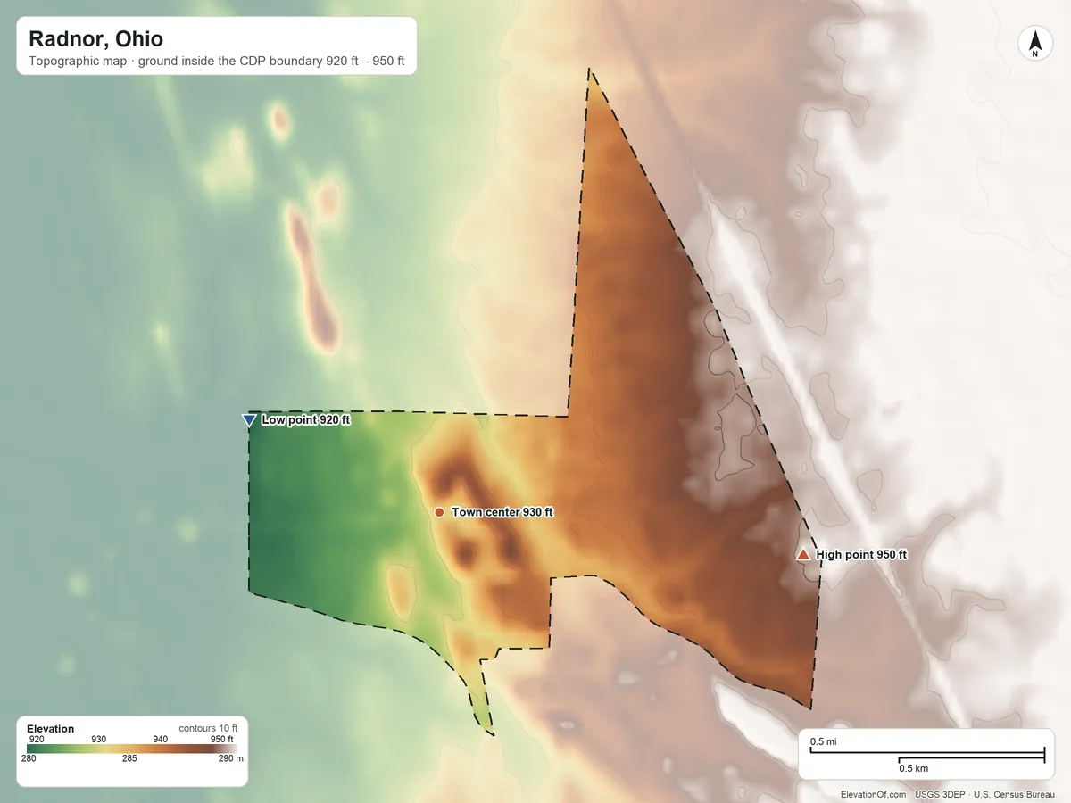 Topographic elevation map of Radnor, Ohio, shaded from 920 ft on the northwest side to 950 ft on the east side