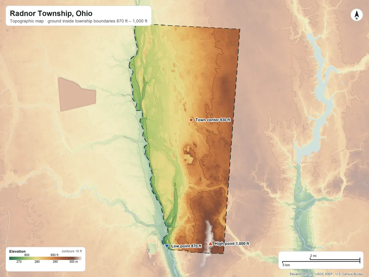 Topographic elevation map of Radnor Township, Ohio, shaded from 870 ft on the south side to 1,000 ft on the south side