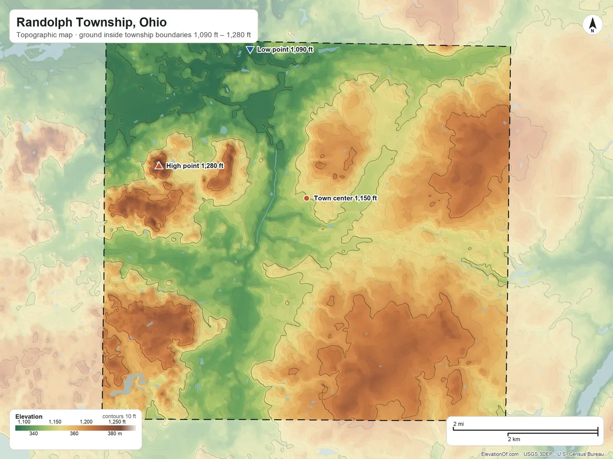 Topographic elevation map of Randolph Township, Ohio, shaded from 1,090 ft on the north side to 1,280 ft on the west side