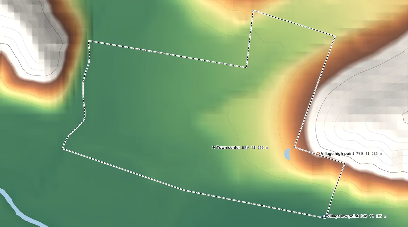 Topographic elevation map of Rarden, Ohio, shaded from 600 ft on the southeast side to 770 ft on the east edge, below higher ground just outside