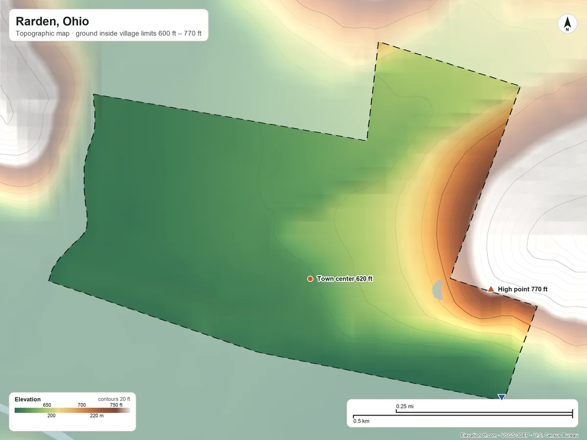 Topographic elevation map of Rarden, Ohio, shaded from 600 ft on the southeast side to 770 ft on the east edge, below higher ground just outside