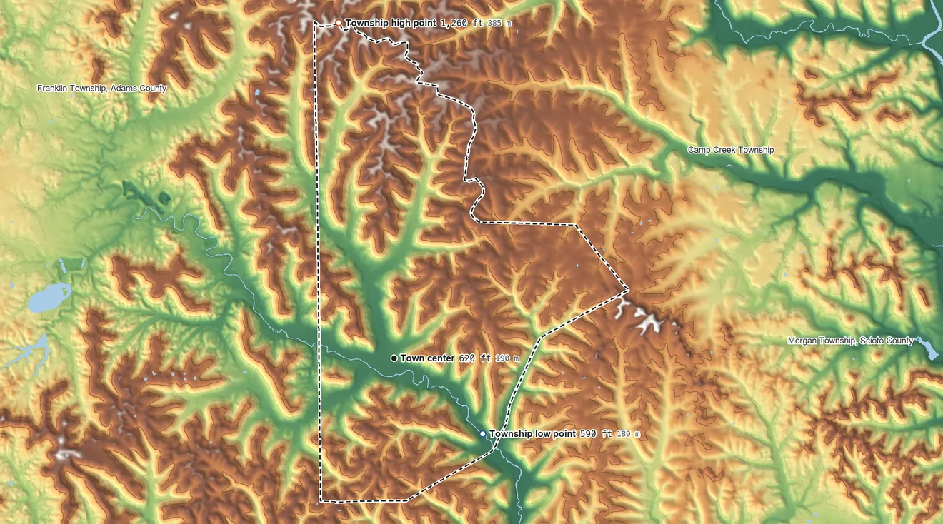 Topographic elevation map of Rarden Township, Ohio, shaded from 590 ft on the southeast side to 1,260 ft on the north side
