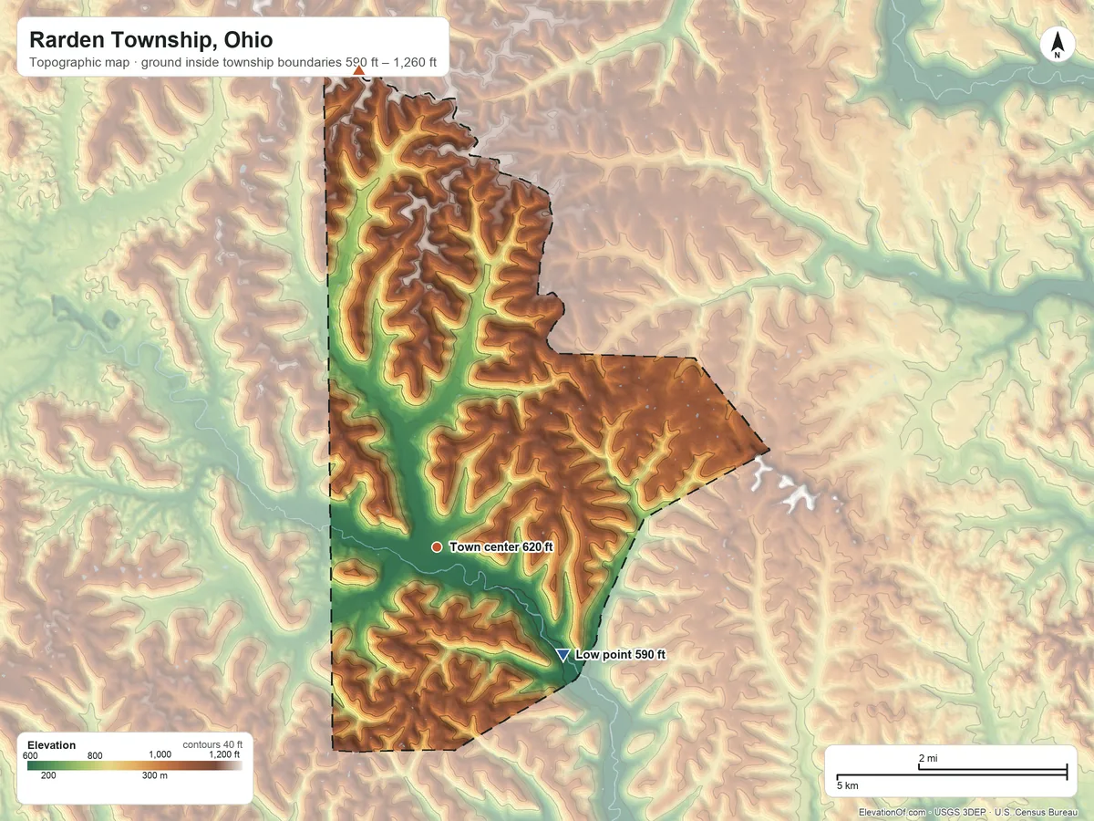 Topographic elevation map of Rarden Township, Ohio, shaded from 590 ft on the southeast side to 1,260 ft on the north side