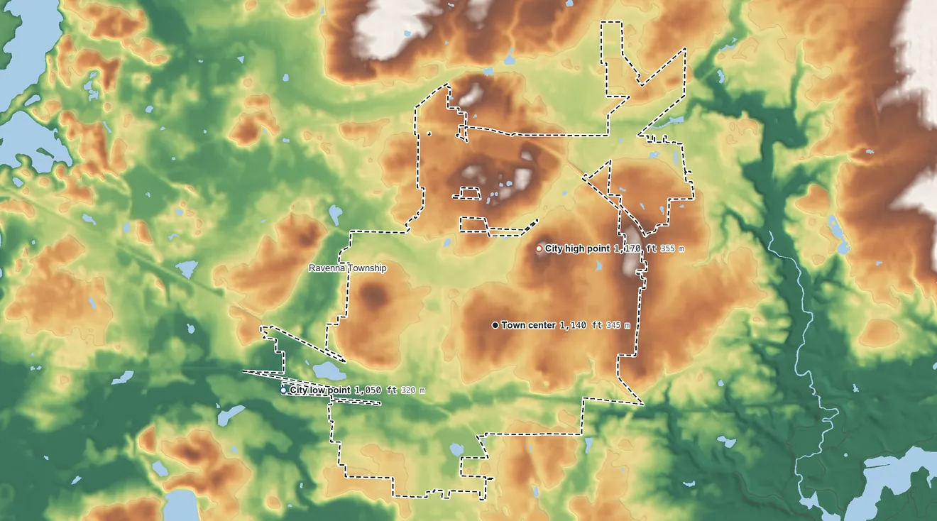 Topographic elevation map of Ravenna, Ohio, shaded from 1,050 ft on the west side to 1,170 ft on the northeast side