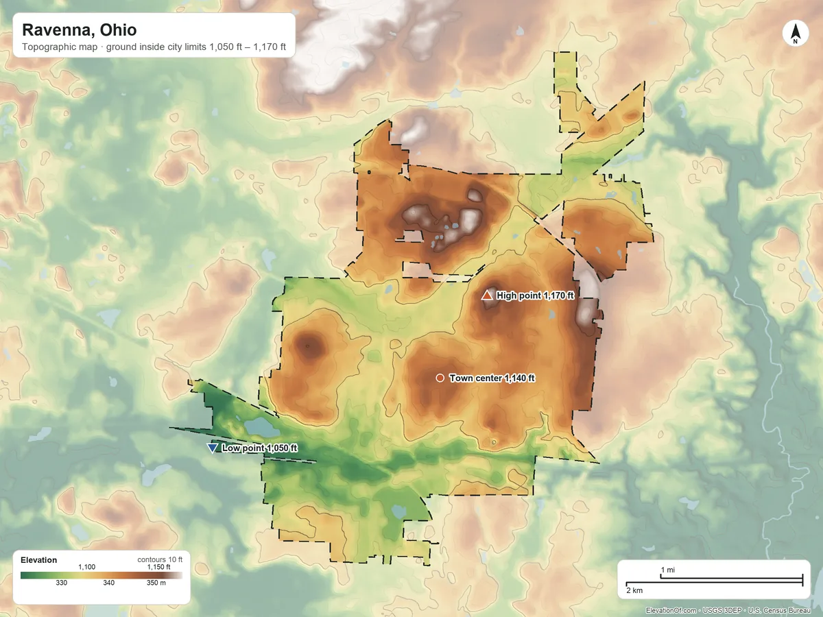 Topographic elevation map of Ravenna, Ohio, shaded from 1,050 ft on the west side to 1,170 ft on the northeast side