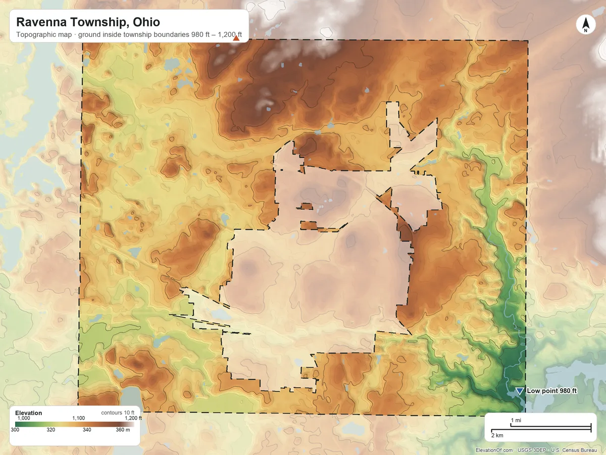 Topographic elevation map of Ravenna Township, Ohio, shaded from 980 ft on the southeast side to 1,200 ft on the north side