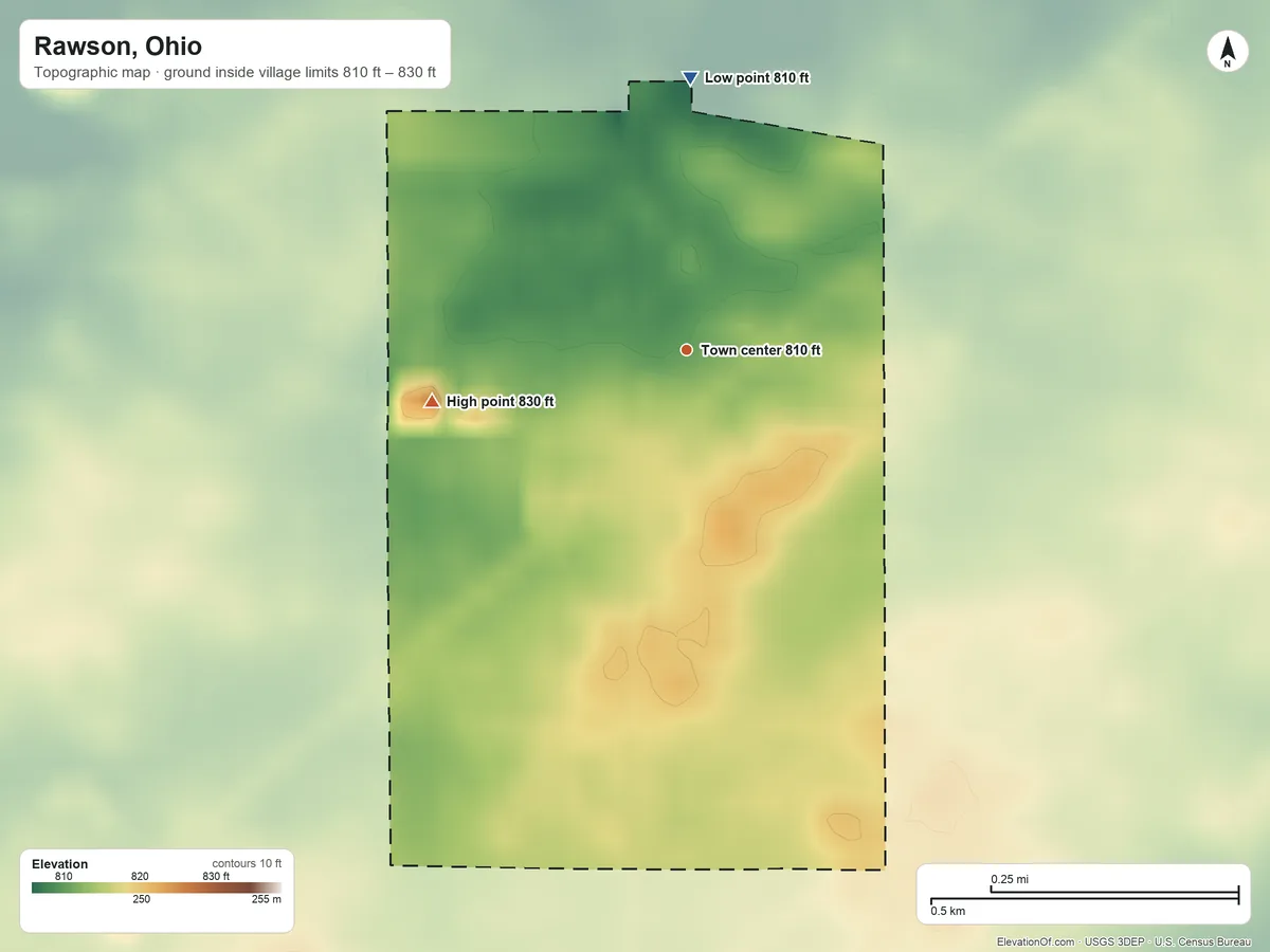 Topographic elevation map of Rawson, Ohio, shaded from 810 ft on the north side to 830 ft on the west side