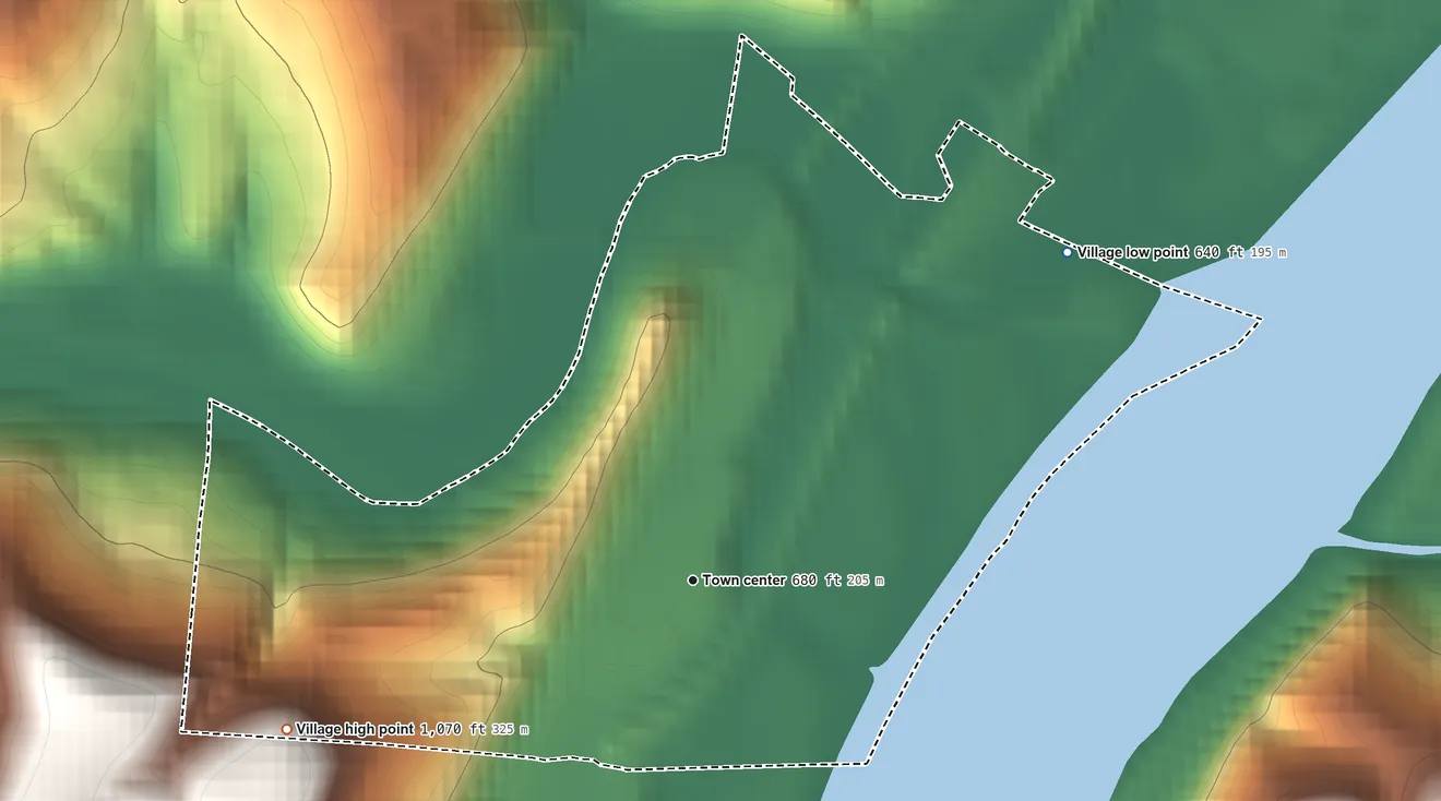 Topographic elevation map of Rayland, Ohio, shaded from 640 ft on the northeast side to 1,070 ft on the west side