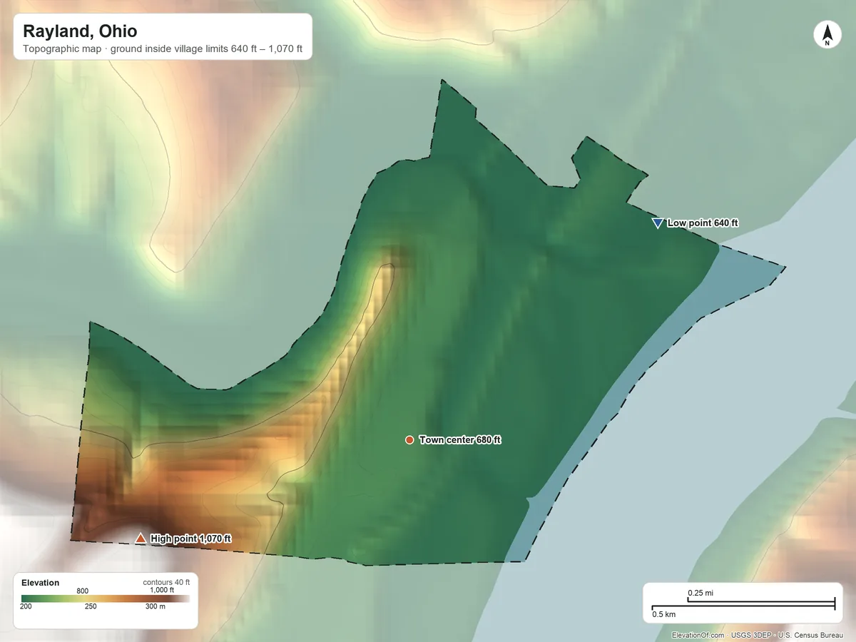 Topographic elevation map of Rayland, Ohio, shaded from 640 ft on the northeast side to 1,070 ft on the west side