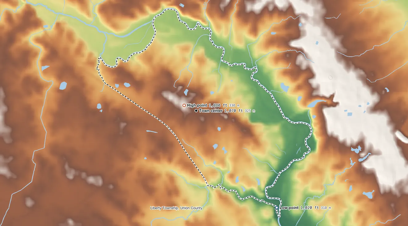 Topographic elevation map of Raymond, Ohio, shaded from 1,020 ft on the southeast side to 1,080 ft near the middle