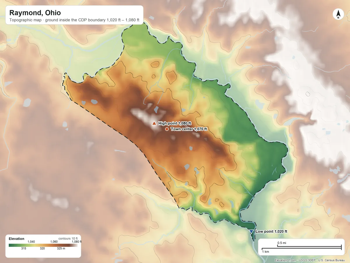 Topographic elevation map of Raymond, Ohio, shaded from 1,020 ft on the southeast side to 1,080 ft near the middle