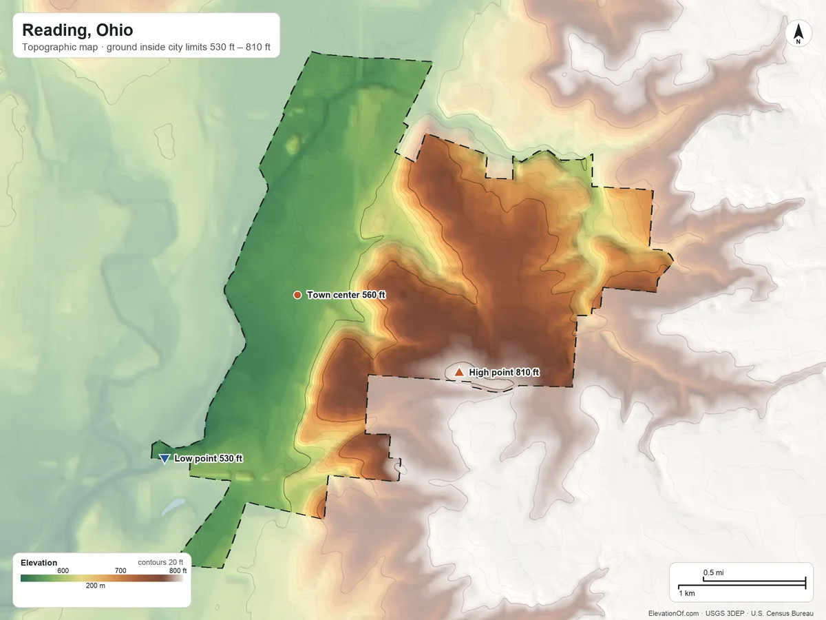 Topographic elevation map of Reading, Ohio, shaded from 530 ft on the southwest side to 810 ft on the southeast side