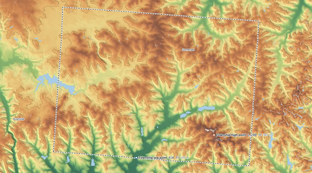 Topographic elevation map of Reading Township, Ohio, shaded from 810 ft on the south side to 1,200 ft on the southeast side