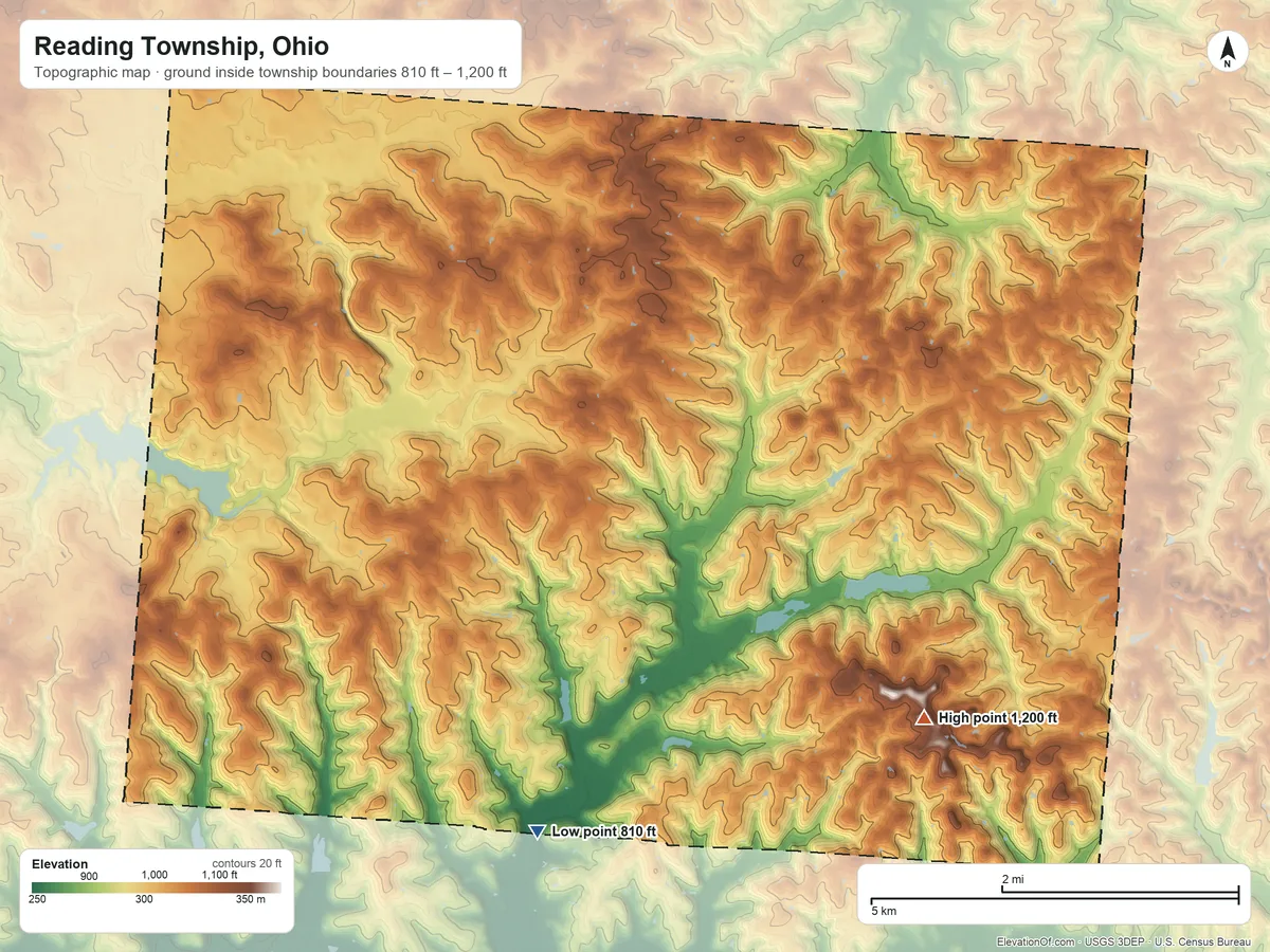 Topographic elevation map of Reading Township, Ohio, shaded from 810 ft on the south side to 1,200 ft on the southeast side