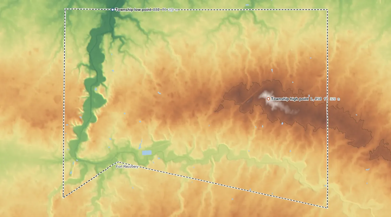 Topographic elevation map of Recovery Township, Ohio, shaded from 880 ft on the northwest side to 1,050 ft on the east side