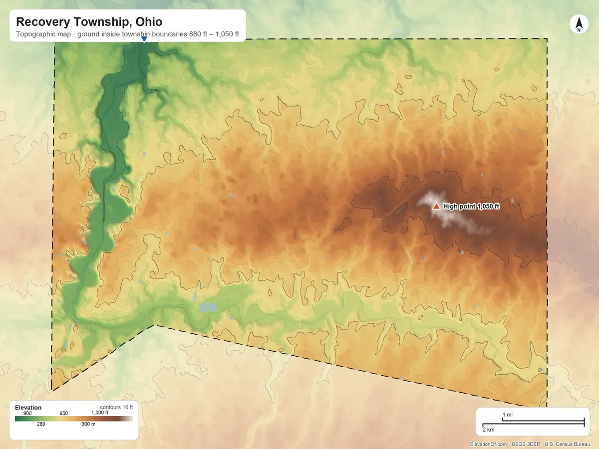Topographic elevation map of Recovery Township, Ohio, shaded from 880 ft on the northwest side to 1,050 ft on the east side