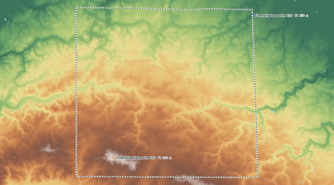 Topographic elevation map of Reed Township, Ohio, shaded from 830 ft on the northeast side to 980 ft on the southwest side