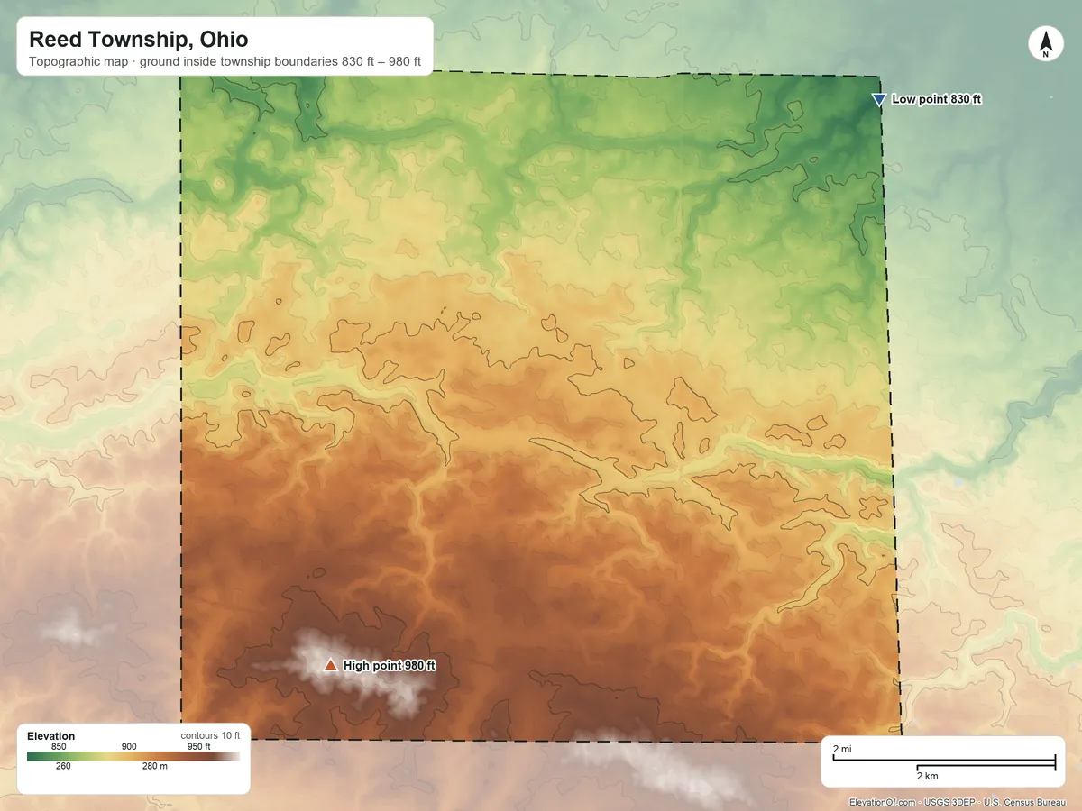 Topographic elevation map of Reed Township, Ohio, shaded from 830 ft on the northeast side to 980 ft on the southwest side