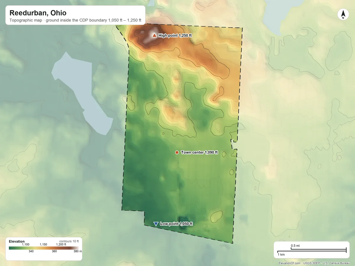 Topographic elevation map of Reedurban, Ohio, shaded from 1,050 ft on the south side to 1,250 ft on the north side